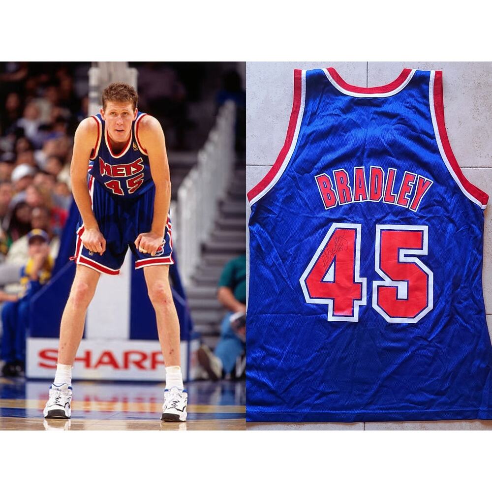 SIGNED Shawn BRADLEY #45 New Jersey Nets 90s CHAMPION jersey 44 L blue NBA vtg